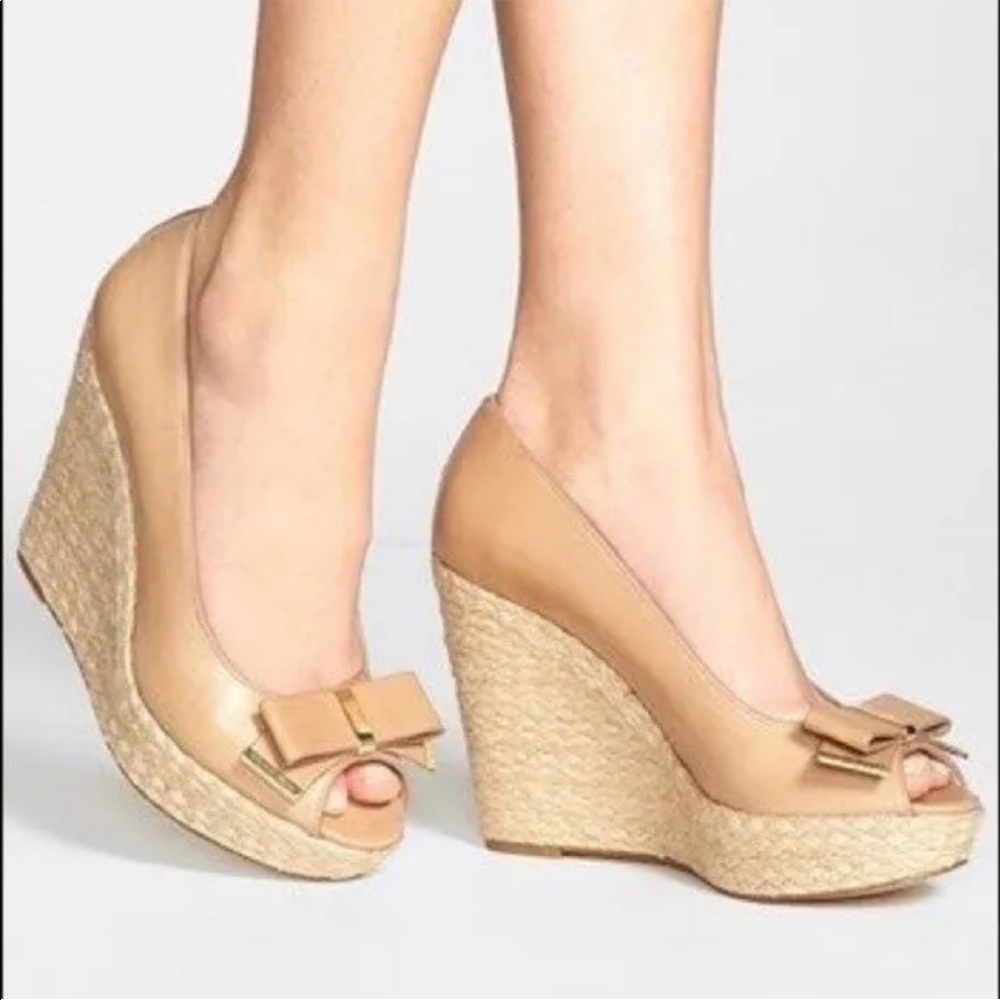 Michael Kors Women's Blush Nude Meg Peep Toe Bow Wedge Size 8